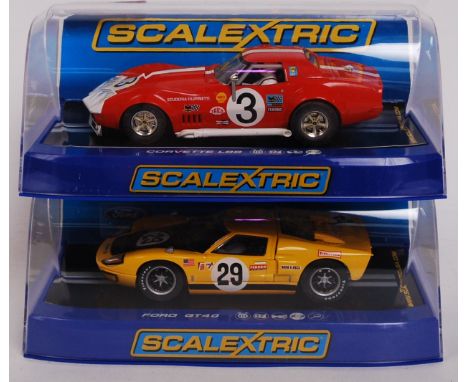 A collection of 2x original contemporary 1/32 scale Scalextric plastic racing slot cars to include; C3229 Chevrolet Corvette 