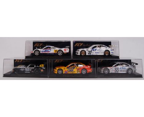 A collection of 5x original contemporary Fly Car Model 1/32 scale plastic model slot cars to include; A267 Saleen S7r, A285 B