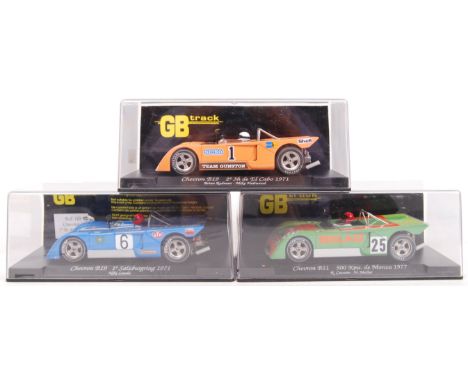 A collection of 3x original contemporary 1/32 scale GB Track plastic racing slot cars to include; GB12 Chevron, GB13 Chevron 