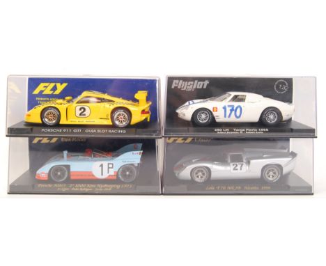 A collection of 4x original contemporary Fly Slot & classic 1/32 scale plastic model slot cars to include; E31 Porsche GT1, C