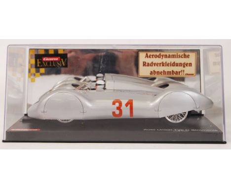 An original contemporary 1/24 scale Carrera Exclusiv 20470 Auto Union TYP C Stromline "AVUS 1937" plastic slot car. Within it