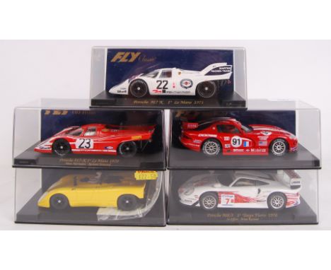 A collection of 5x original contemporary 1/32 scale Fly Car Model plastic racing slot cars to include; A83 Viper GTS, C64 Por