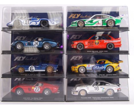 A collection of 8x original contemporary 1/32 scale Fly plastic racing slot cars to include; 88206 Porsche 917, A142 Ford Cap