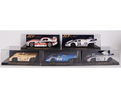 A collection of 5x original 1/32 scale Fly Car Model plastic racing slot cars to include; C82 Porsche 917-K, C56 Porsche, C69