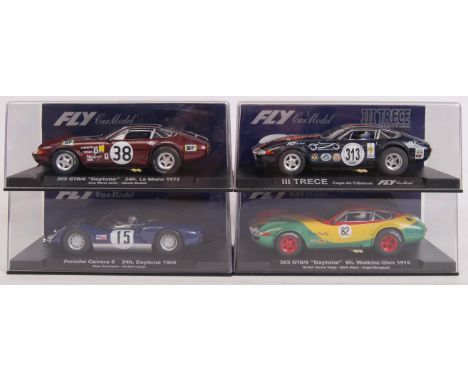 A collection of 4x original contemporary 1/32 scale Fly Car Model plastic racing slot cars to include; A654 365 Daytona, A160