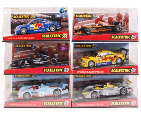 A collection of 6x original 2001 Scalextric 1/32 scale model plastic slot cars to include; 6069 Orange Arrow f1, 6081 Audi TT