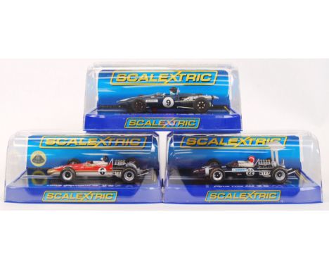 A collection of 3x original contemporary Scalextric 'Classic Team Lotus' & 'All American Racers 1/32 scale plastic slot cars 