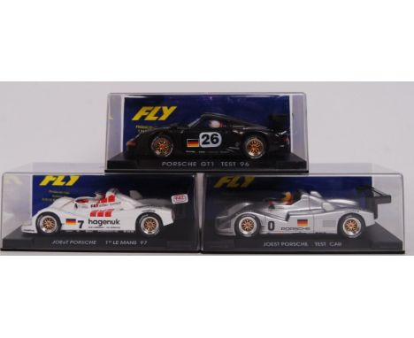 A collection of 3x original contemporary Fly Car 1/32 scale plastic model slot cars to include; A32 Porsche GT1, A42 Joest Po