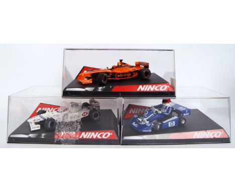 A collection of 3x original contemporary 1/32 scale Ninco plastic racing slot cars to include; 50229 Mercedes CLK DTM, 50253 