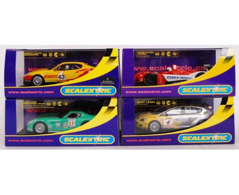 A collection of 4x original contemporary 1/32 scale Scalextric plastic racing slot cars to include; C2659 Maserati Coupe, C27