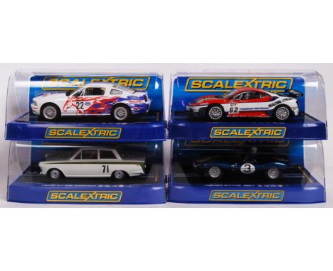 A collection of 4x original contemporary 1/32 scale Scalextric plastic racing slot cars to include; C3000 Ford Mustang FR 500