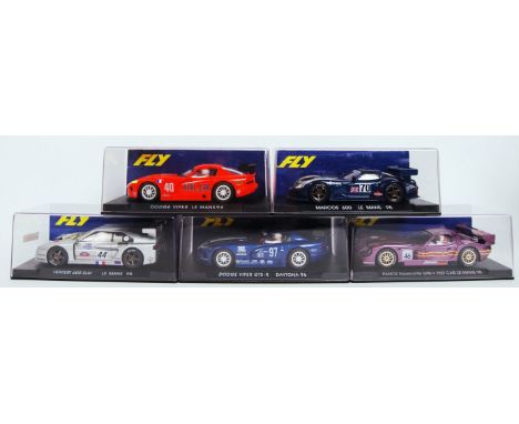 A collection of 5x original 1/32 scale Fly plastic racing slot cars to include; A4 Viper Naranja, A22 Marcos 600 LM, A16 Vent