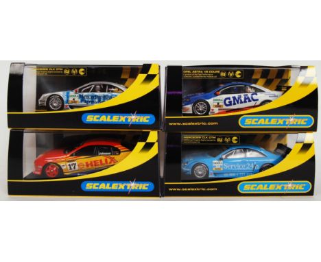 A collection of 4x original contemporary 1/32 scale Scalextric plastic racing slot cars to include; C2567 Mercedes CLK DTM, C