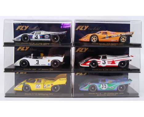 A collection of 6x original contemporary Fly Car Model 1/32 scale plastic racing slot cars to include; C81 Porsche 917-K, C59