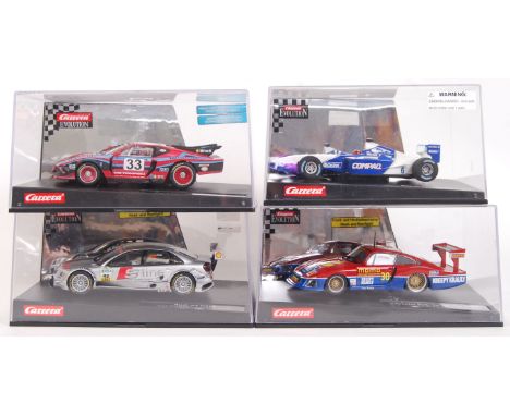 A collection of 4x original contemporary 1/32 scale Carrera Evolution plastic model slot cars to include; 25438 BMW William F