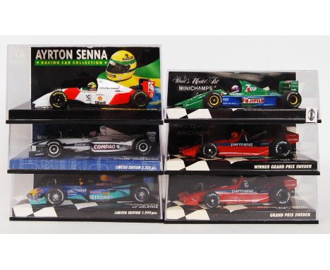 A collection of 6x original contemporary 1/43 scale F1 Formula One diecast model racing cars to include; 4x Minichamps Grand 