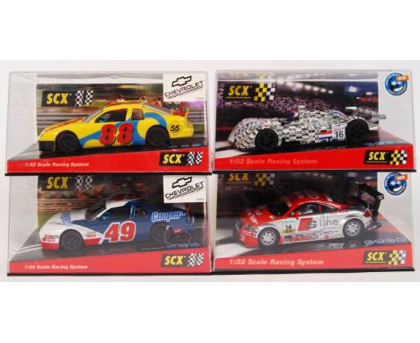 A collection of 4x original contemporary 1/32 scale SCX plastic racing slot cars to include; 60300 Chevrolet Nacar, 60210 Che