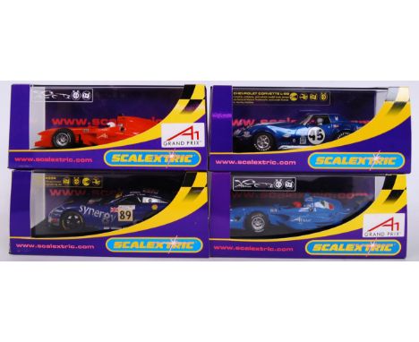 A collection of 4x original contemporary 1/32 scale Scalextric plastic racing slot cars to include; C2708 A1 Grand Prix, C265