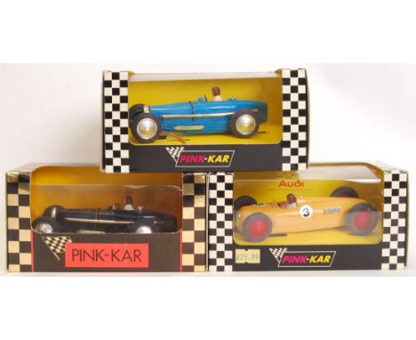 A collection of 3x original contemporary  Spanish Pink Kar 1/32 scale model slot cars to include; CV-001 Bugatti type 59 (193