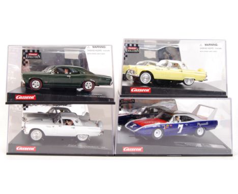 A collection of 4x original contemporary Carrera Evolution 1/32 scale plastic slot cars to include; 25443 Ford Thunderbird '5