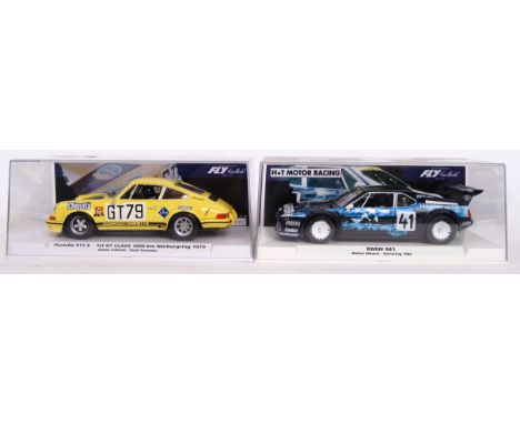 A collection of 2x original contemporary Fly Car Model 1/32 scale plastic model slot cars to include; 99081 Porsche 911 S & 9