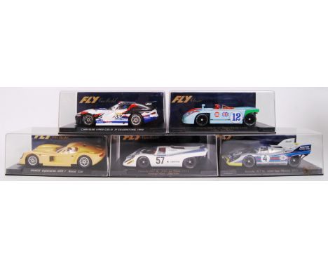 A collection of 5x original 1/32 scale Fly Car Model plastic racing slot cars to include; C64 Porsche 908/3, C57 Porsche 917-