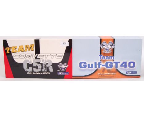 Two Fly 1:32 scale slot racing car double presentation sets. The first being Team Corvette C5R and the other Team Gulf GT40. 