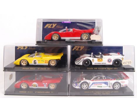 A collection of 5x original contemporary 1/32 scale Fly Car Model plastic racing slot cars to include; C17 Porsche 908, A266 