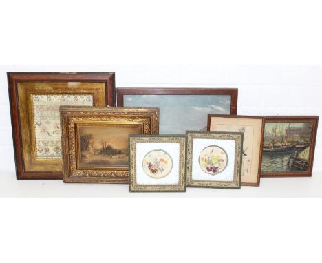 Seven assorted antique and later pictures and prints to inc an impressionist oil on board of boats at moorings, a further ant
