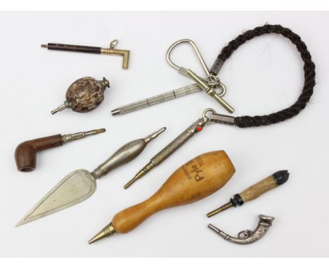 Nine assorted novelty pencils to include ones formed as a pipe, horn, mounted with a walnut, bookmark trowel, one with braide