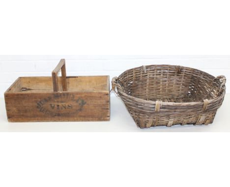 A large vintage wicker cotton picking basket, 63cm wide inc handles and a vintage wooden trug with French stencilling, 57cm w