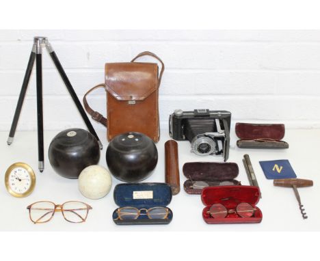 Qty of assorted interesting misc items to inc two wooden bowling balls, vintage Kodak camera, various gold plated spectacles,