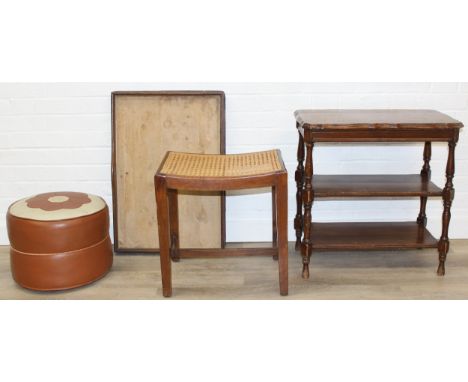 Four pieces of vintage furniture to inc a retro pouffe, bergere topped stool, oak serving tray and small three tier side tabl