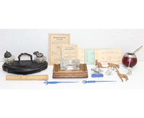 Assorted vintage curio items to incl 2 desk inkwell and pen stands, bombilla straw, hydrometer, various lighters and a Vintag