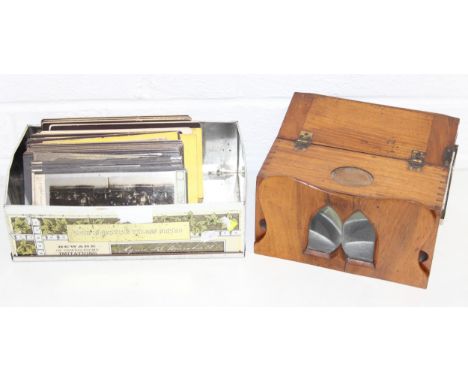 An antique mahogany cased stereoscope viewer with a number of sides and cards, some privately printed cards and a number of g