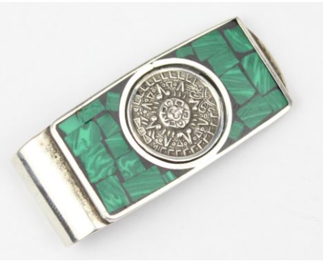A Mexican silver and malachite money clip, marked 925 and XRF confirmed, 50mm wide
