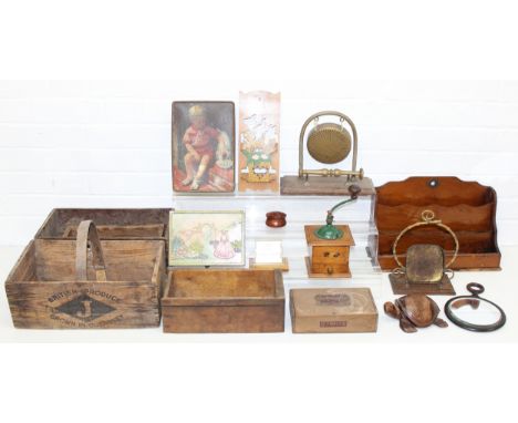 Qty of assorted woodenware and other vintage items to inc table gongs, coffee grinder, boxes, various trugs etc