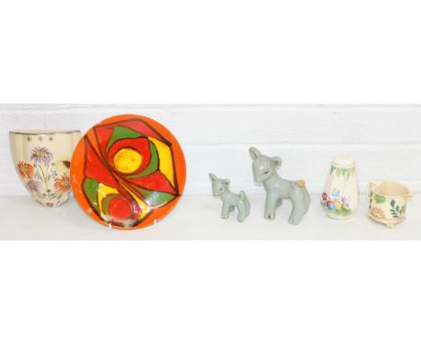 Assorted Art Deco period and retro ceramics to incl Bourne Denby cotton tail lamb and a smaller one, Poole Pottery Delphis pl