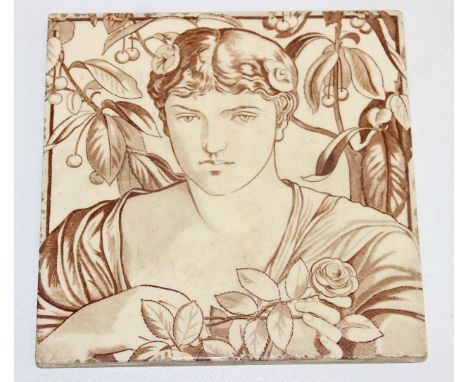 A Minton Hollins &amp; Co Pre-Raphaelite classical figure tile, sepia brown print on cream ground with impressed factory mark
