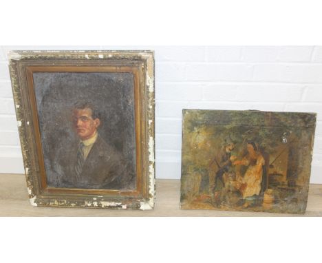 Two antique pictures to incl an oleograph or textured print of a farmyard scene mounted on canvas, 19th century, unframed, an