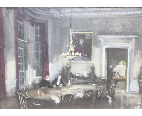 An antique watercolour of a dining room with gentlemen in black tie drinking port and a game of billiards in the background, 