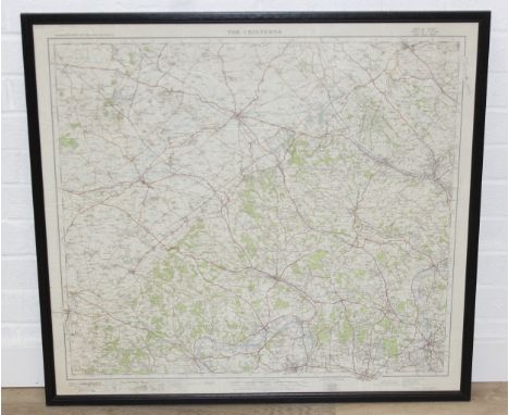 A large vintage framed Ordnance Survey map depicting the Chilterns, the map dated 1932 lower right, in ebonised frame, 85cm x