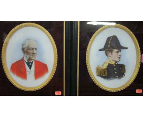 Graham Lemington - pair overpainted portrait prints to include an admiral, both on opaque glass framed as ovals, one signed, 