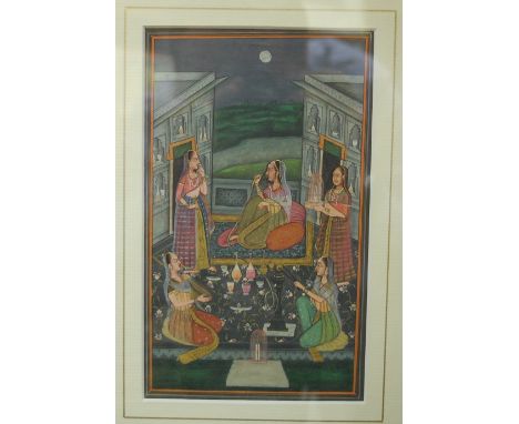 Jodhpur school - Toking from the hookah pipe, gouache, 20 x 12cm; and one other depicting a gentle erotic scene, heightened w