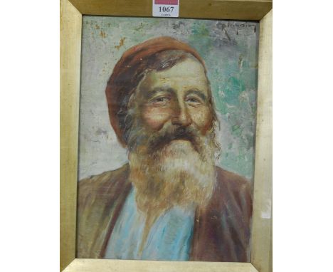 Continental school - Head and shoulders portrait of a bearded man, oil on board, indistinctly signed upper right, 29 x 21cm