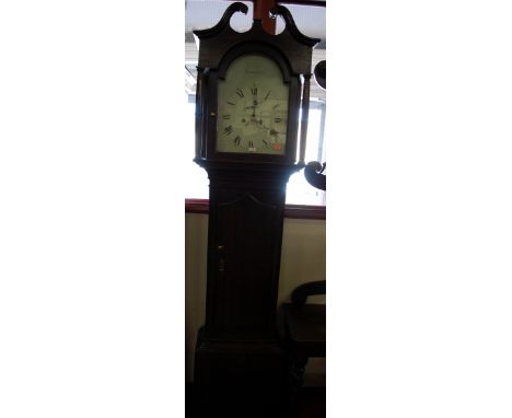 A 19th century longcase clock, the painted arch dial signed Davies of Camarthen, having subsidiary seconds dial, rolling date