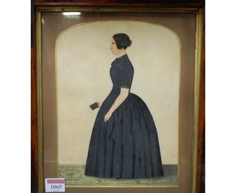 Circa 1870 English school - Silhouette type profile portrait of a standing woman, wearing a full length black dress, watercol