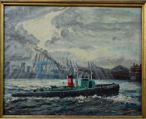 M Moulton - Tugboat on the estuary, oil on canvas, signed lower right