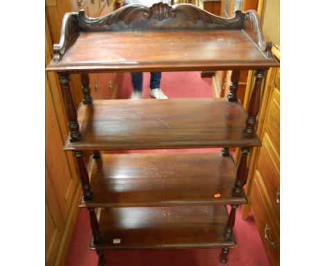 A reproduction hardwood three-quarter gallery back four tier open display shelf