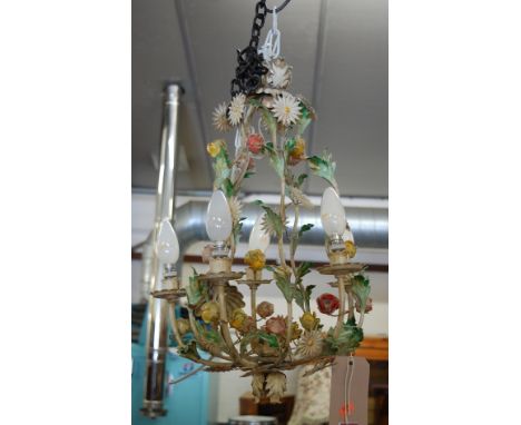 A floral metal embossed and painted five light hanging ceiling pendant 